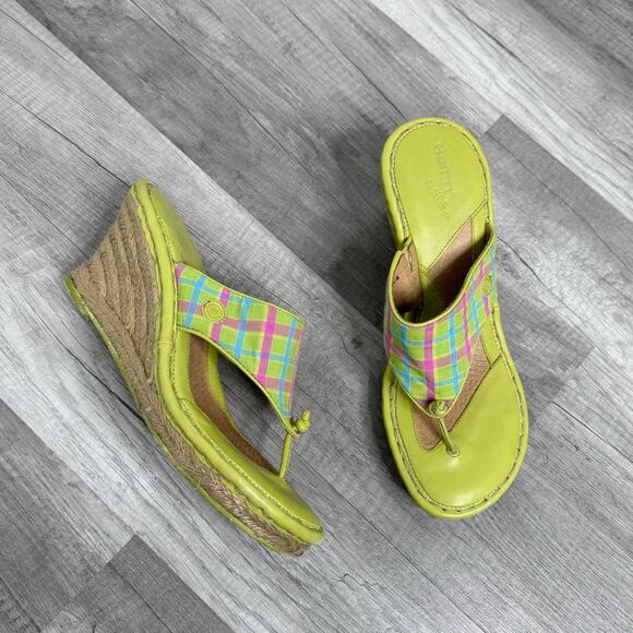 Born Wedges Size 8 Espadrille Tong Green Plaid Y2K 00s Preppy Leather Canvas - Picture 1 of 8